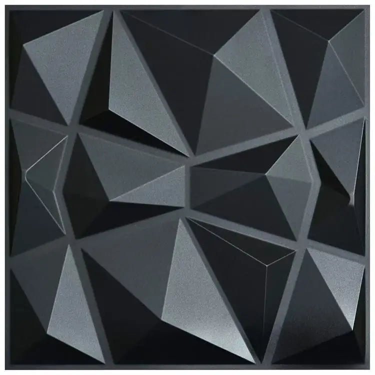 Dark 3D geometric wall panel tiles with raised triangular facets, textured surface