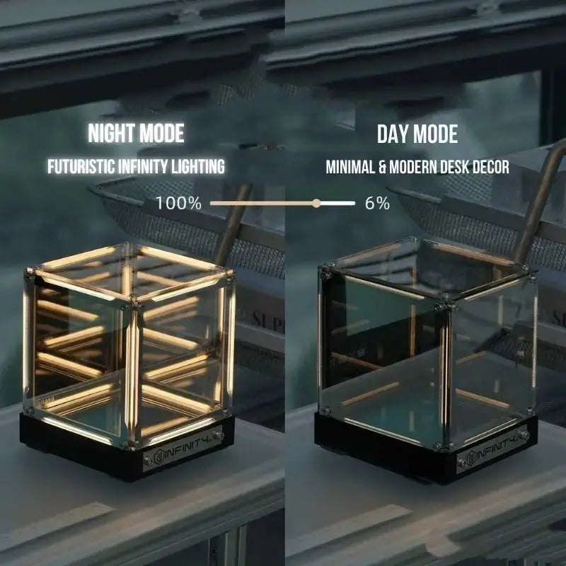 Infinity cube desk lamp showing split night mode (gold) and day mode (cool)