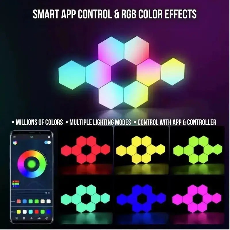 RGB hexagon wall panels cluster glowing in multiple colors with soft lighting