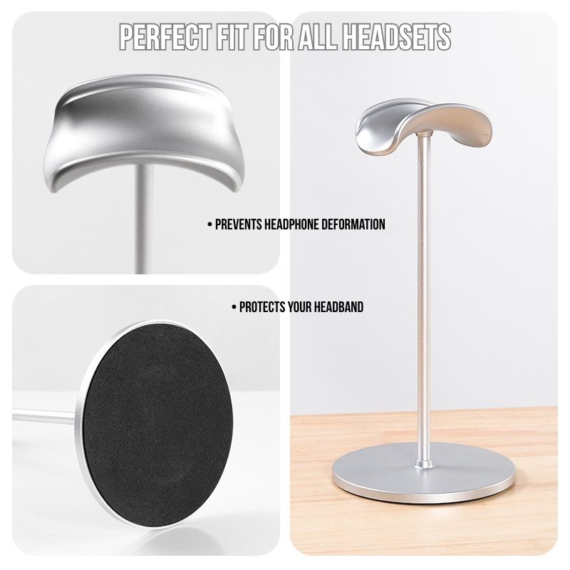 The Aluminum Gaming Headphone Stand features a curved top, soft headband rest, and a round, non-slip base. Perfect for all headsets with protective details—ideal as a stylish heavy-base desk headset holder for your PC or gaming setup.