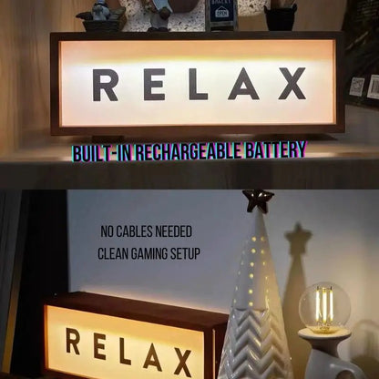Walnut LED light box displaying RELAX in illuminated letter blocks
