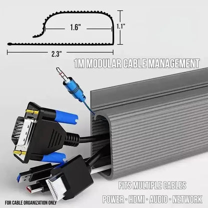 Gray modular cable management cover with open channel and connector insert area