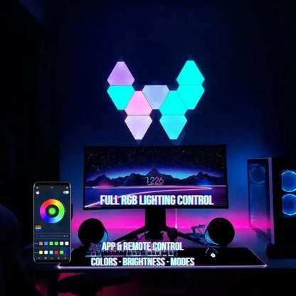 RGB modular triangle LED wall lights glowing in purple, cyan, and white