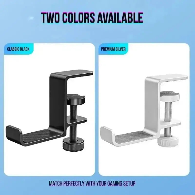 Two-color desk clamp headphone holder: black and silver with mesh support pad