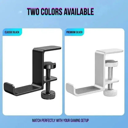 Two-color desk clamp headphone holder: black and silver with mesh support pad