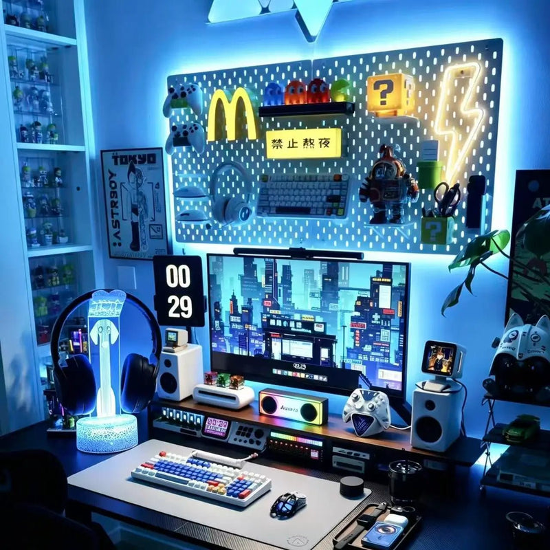 RGB headphone stand with vertical LED panel and round headphone rest; glowing light base