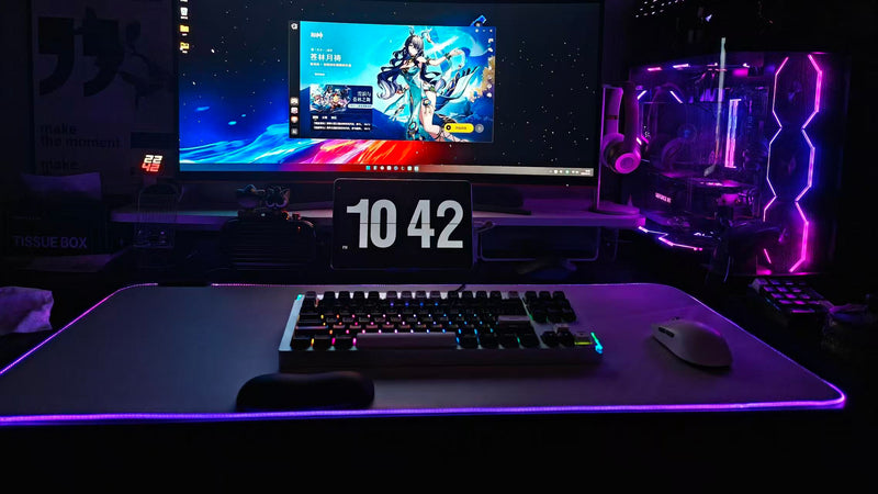Custom desk mat with dark purple edge and smooth surface for keyboard and mouse