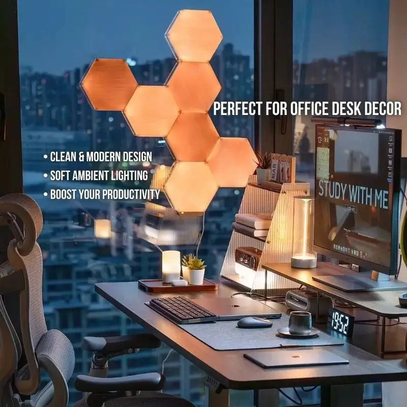 RGB hexagon wall panels glowing warm orange above an office desk decor