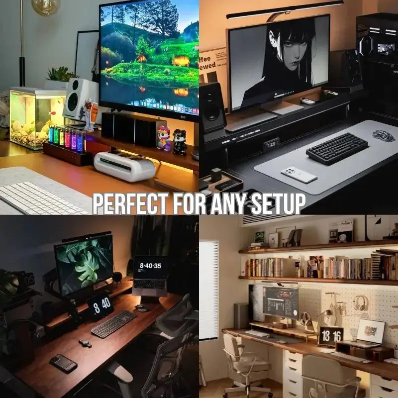 Desk cable management cover on a workstation edge, concealing cables in a ribbed channel