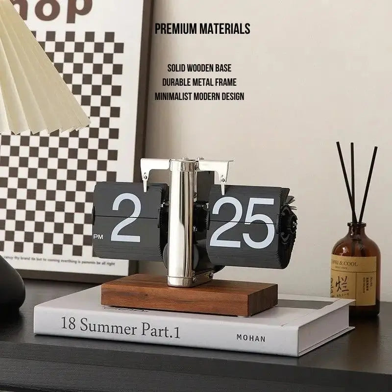 Retro flip clock with dark flip pages showing 2 and 25, on wooden base
