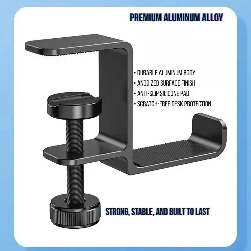 Black aluminum desk clamp headphone holder with mesh base and anti-slip pad