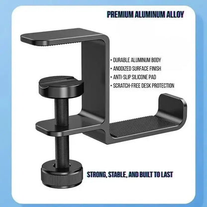 Black aluminum desk clamp headphone holder with mesh base and anti-slip pad