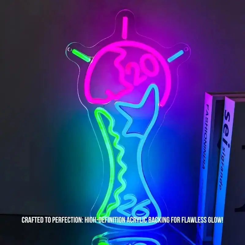 Neon World Cup trophy sign light with pink, blue, and green glowing outline on acrylic back