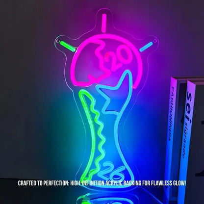 Neon World Cup trophy sign light with pink, blue, and green glowing outline on acrylic back