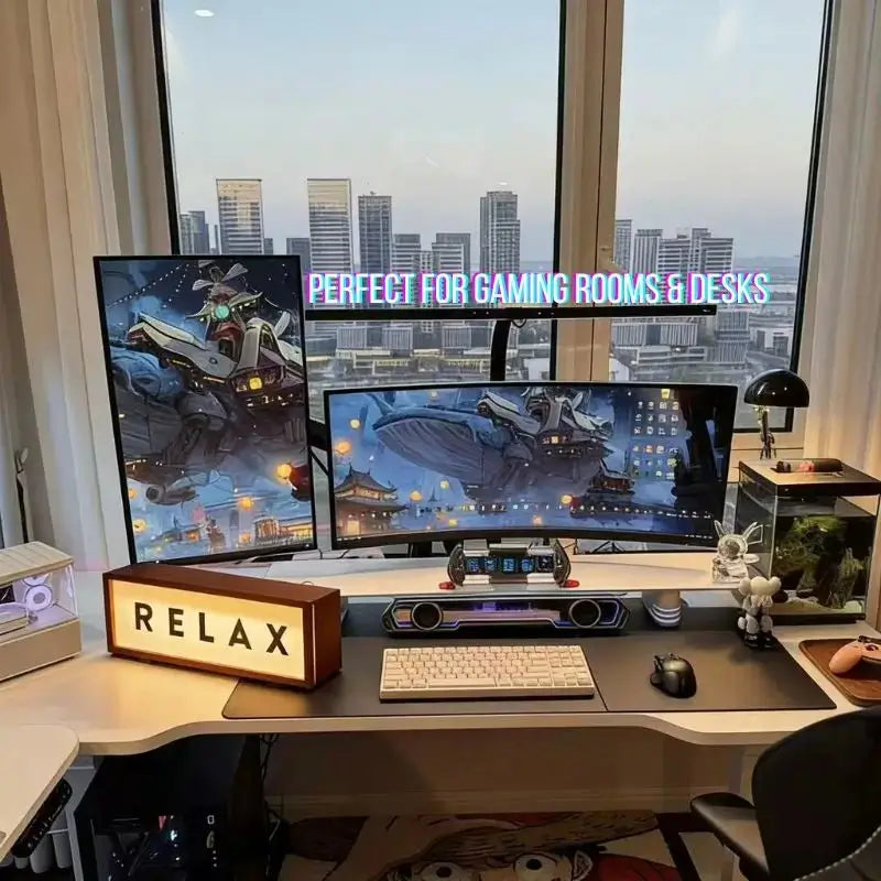 Walnut LED light box on desk with illuminated RELAX block letters