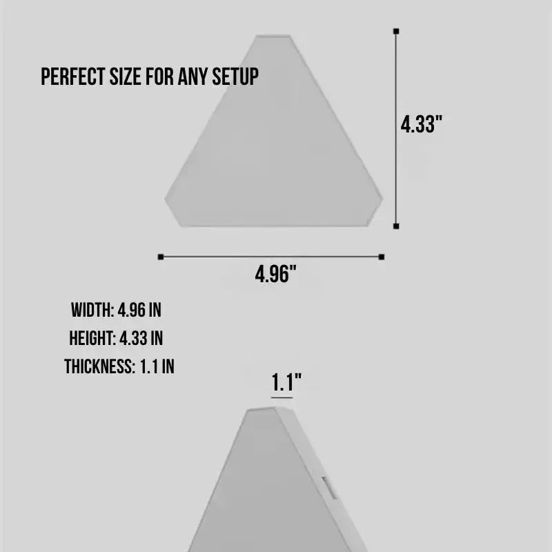Triangular LED light panel dimensions diagram with 4.96 in width and 4.33 in height