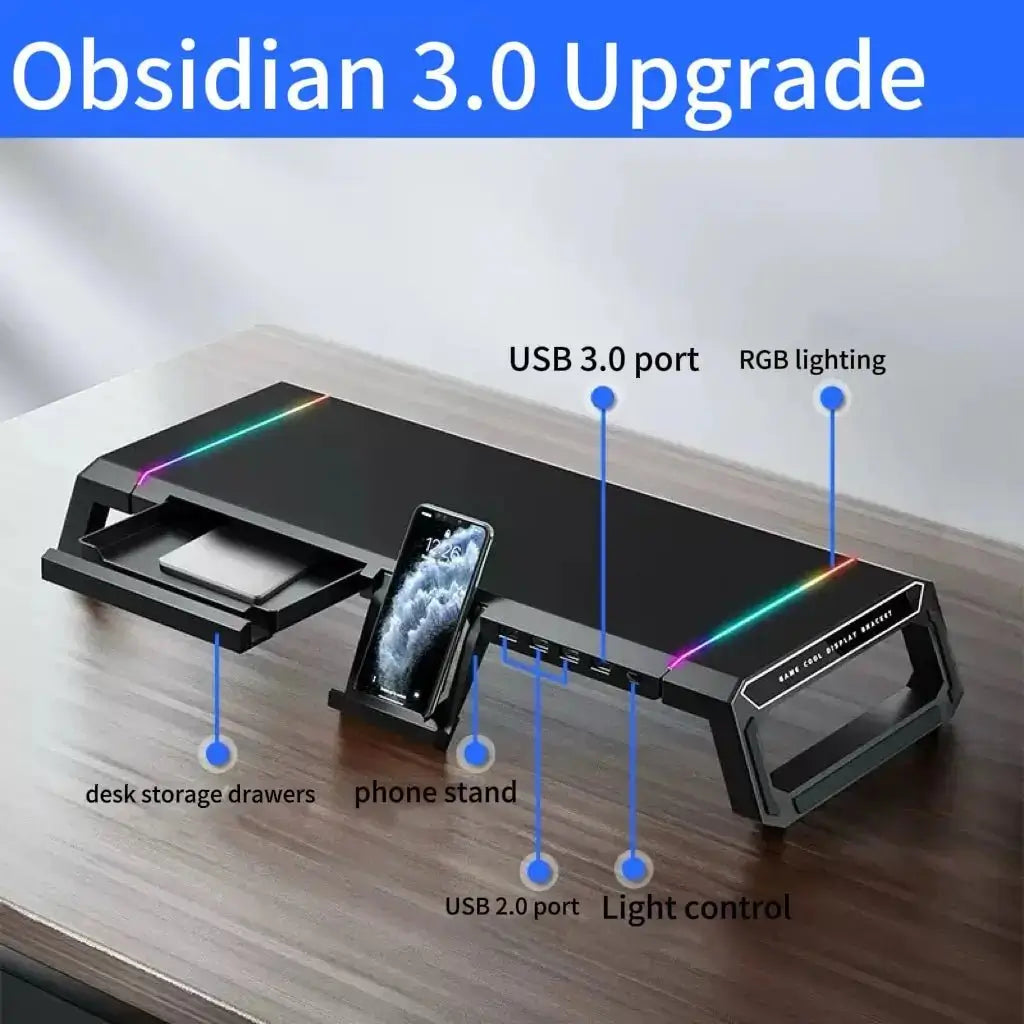 Black monitor stand riser with phone stand, RGB lighting, and USB 2.0/3.0 ports
