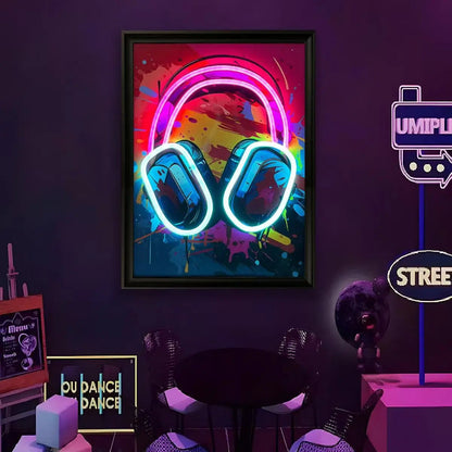 Framed LED wall art with neon headphones graphic, blue and pink glow