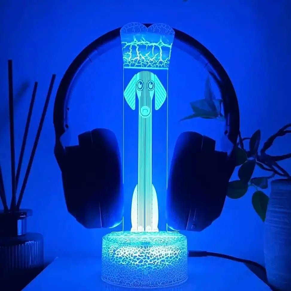 RGB headphone stand with tall LED panel and round headphone rest; cyan glow on base