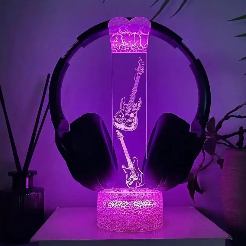 RGB headphone stand with vertical LED panel and round rest; purple illuminated base