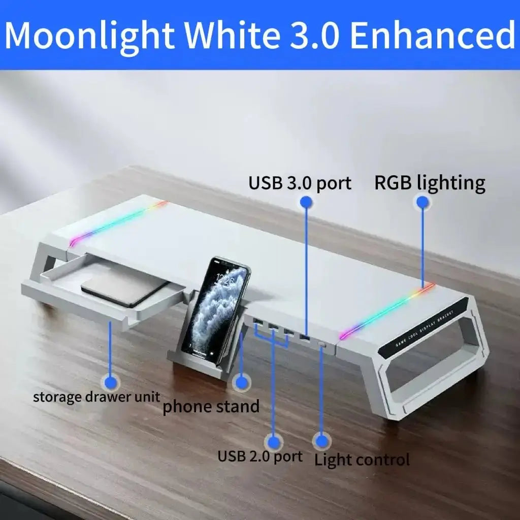 White monitor stand riser with phone stand, RGB lighting, and USB 2.0/3.0 ports