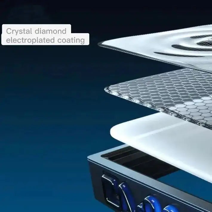 Dark RGB display unit with mesh vent and blue-lit accents on metal top edge
