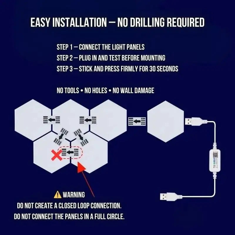 Hexagon wall panels with connection cords and control module for simple installation