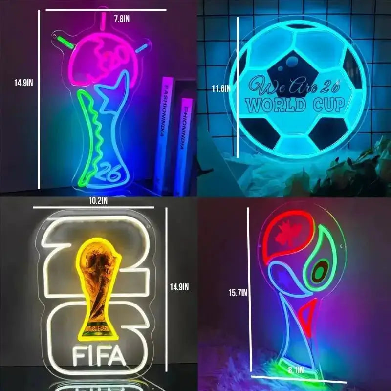 Neon World Cup trophy light with glowing soccer-ball and trophy designs, bright blue glow