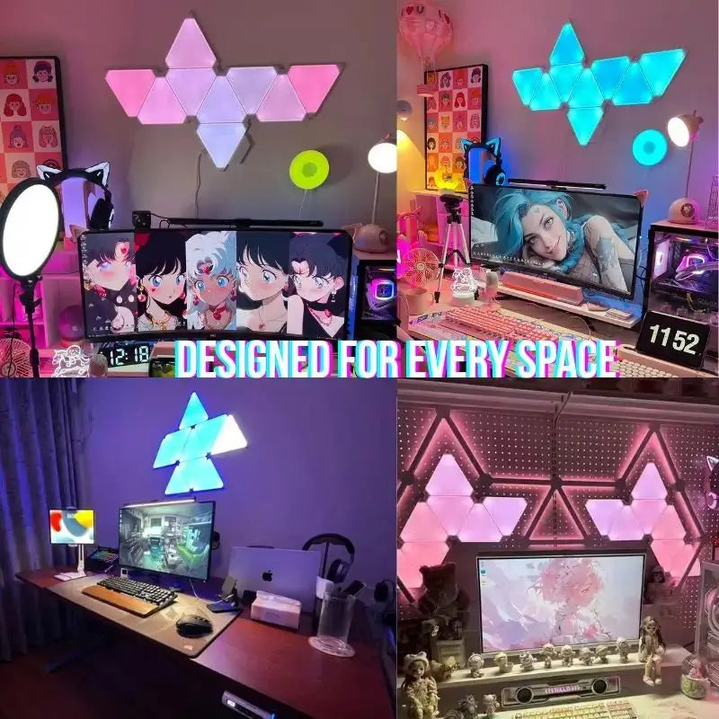 Modular triangle LED wall light panels glowing in pink and cyan above a desk