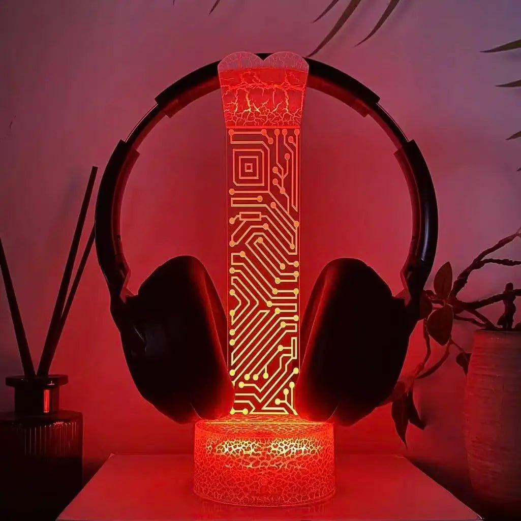 RGB headphone stand with vertical LED panel and round rest; red circuit-style glow base
