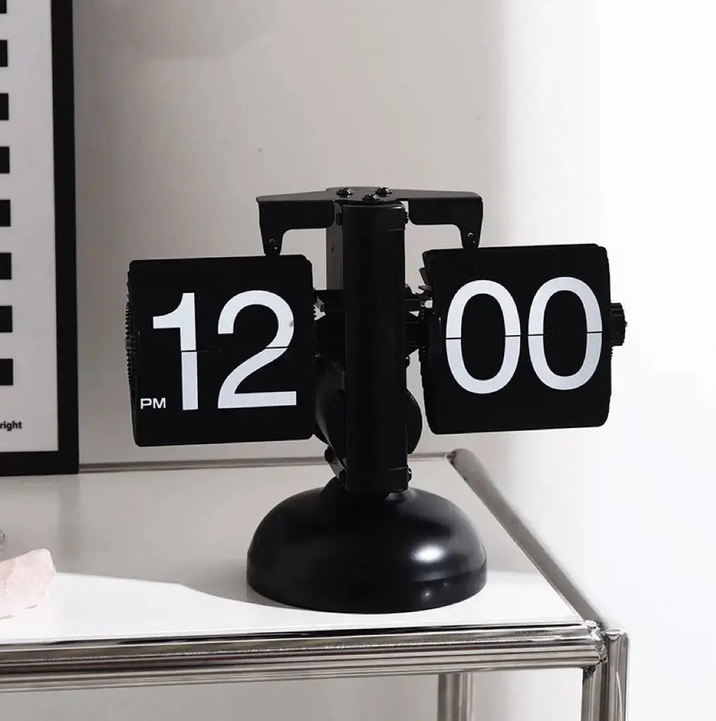 Retro flip desk clock with black frame and base, flip numbers in white on black tiles