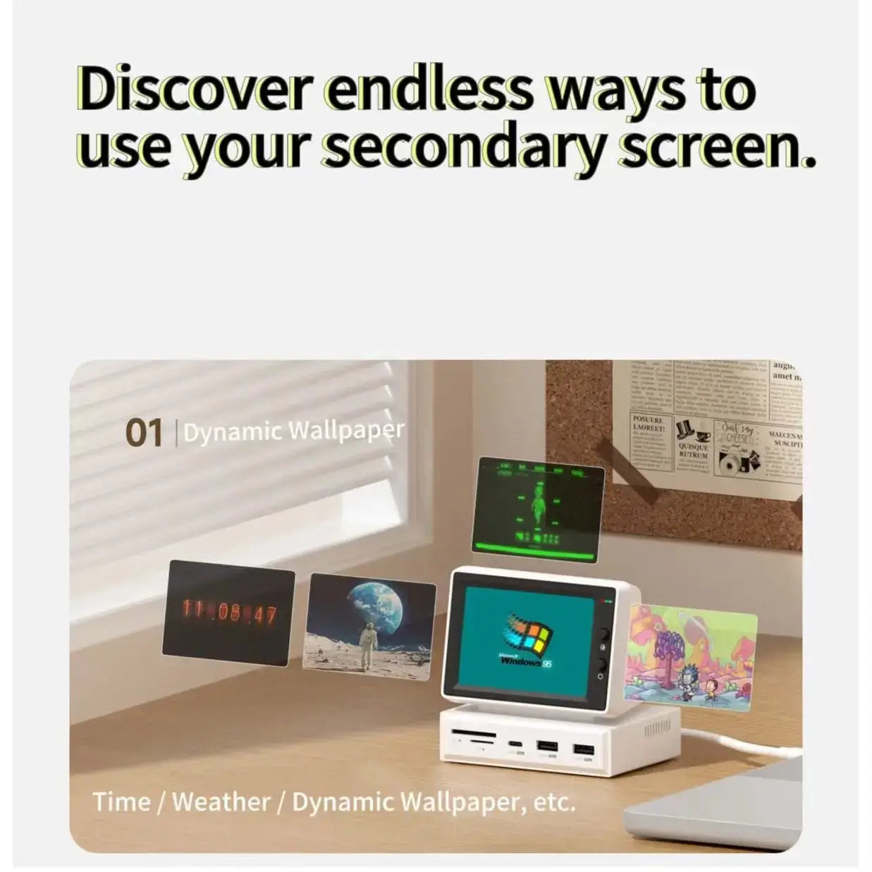 3.5-inch IPS secondary monitor dock displaying dynamic content on screen, white