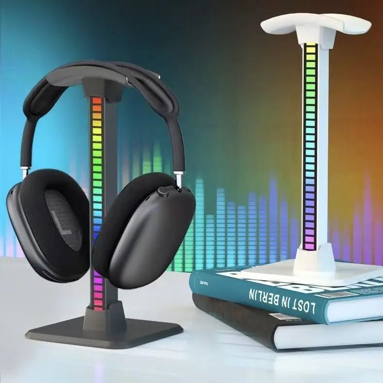 Black RGB headset stand with vertical multicolor LED light bar and headphone rest
