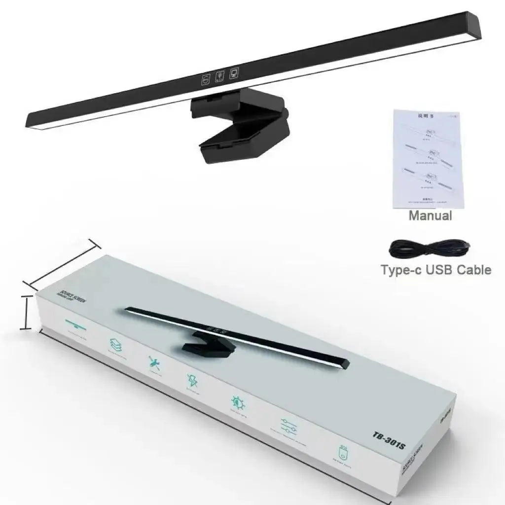Monitor light bar kit with clip mount, Type-C USB cable, and instruction manual