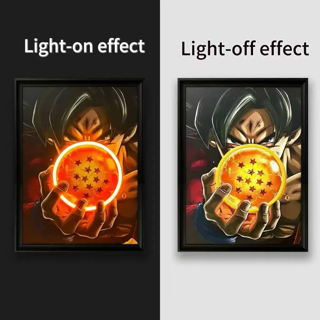 LED wall art frames showing light-on and light-off effects, neon character portraits