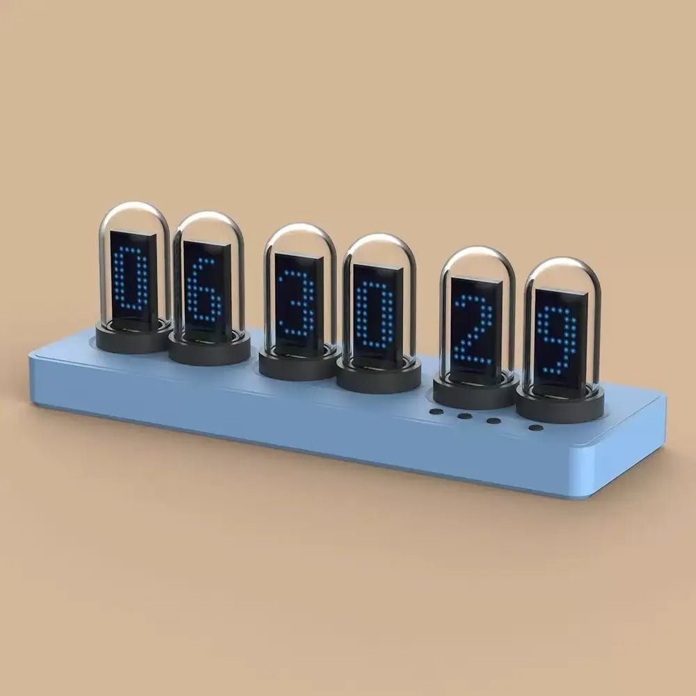 Desk nixie tube clock with 6 glass tubes showing glowing digits on light blue base