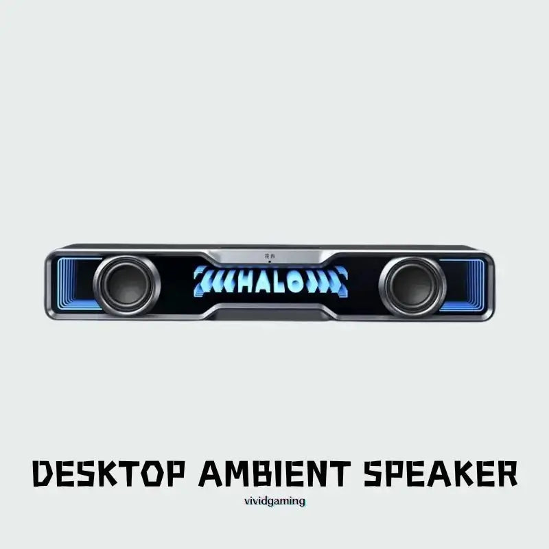 Black desktop soundbar with blue LED outline and twin circular speaker drivers