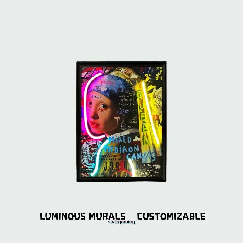 Framed LED wall art with neon portrait design, pink blue and yellow glow