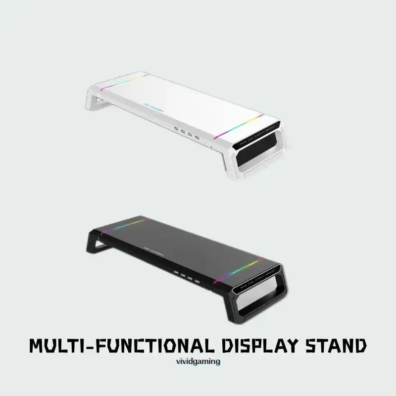 Monitor stand riser with phone holder and RGB edge lighting, white desk accessory