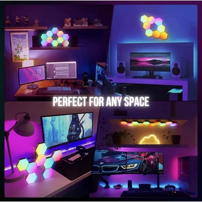 Four stylish computer desk setups with vibrant monitors and gaming accessories, each illuminated by RGB Hexagon LED Wall Panels – Customizable Gaming Room Lighting. Text in the center reads “PERFECT FOR ANY SPACE.”.