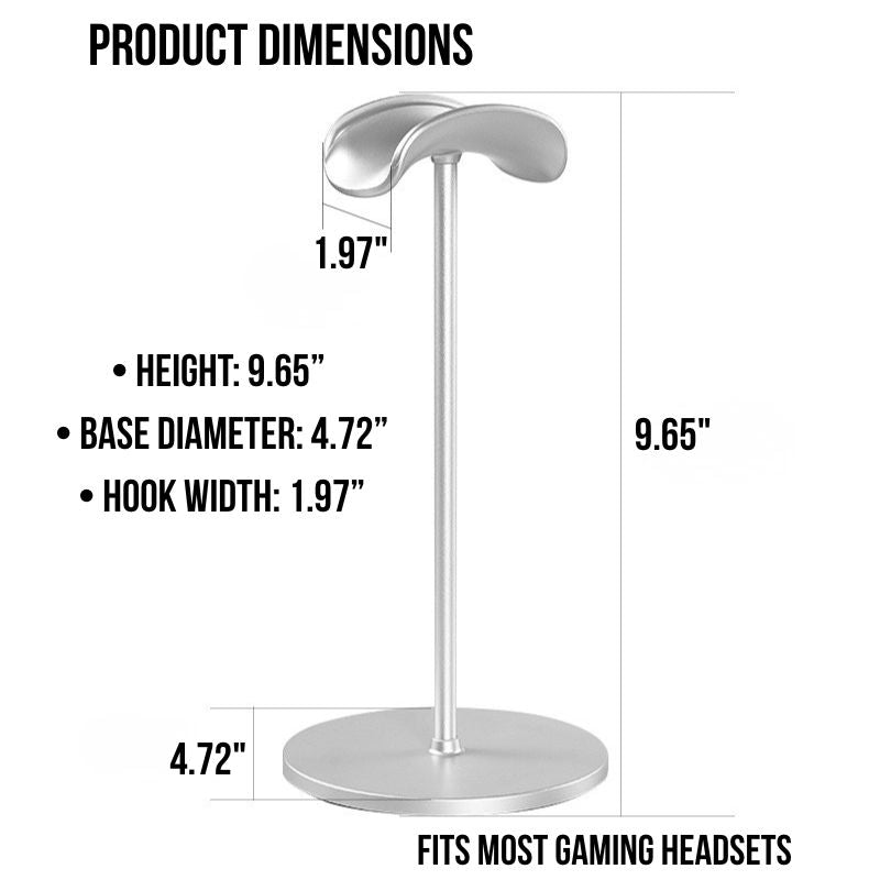 Aluminum Gaming Headphone Stand with a round base (4.72") and curved top, height 9.65", hook width 1.97". Fits most gaming headsets—ideal as a sturdy desk headset holder for your PC or gaming setup.
