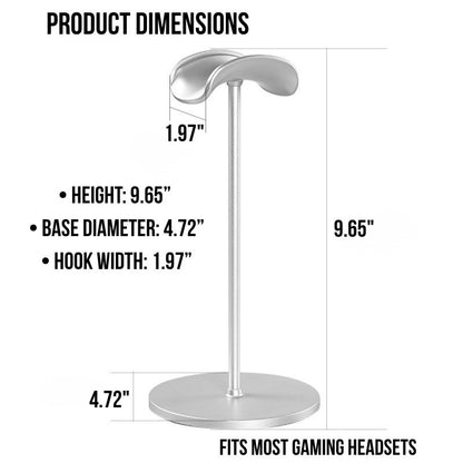 Aluminum Gaming Headphone Stand with a round base (4.72") and curved top, height 9.65", hook width 1.97". Fits most gaming headsets—ideal as a sturdy desk headset holder for your PC or gaming setup.