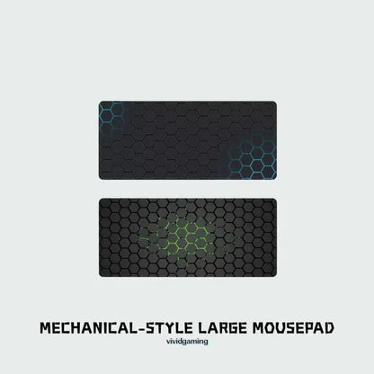 Hex-pattern technical drawing desk pad with turquoise accents on dark surface