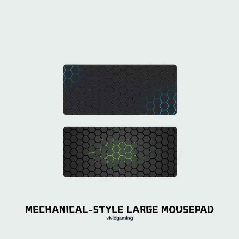 Hex-pattern technical drawing desk pad with turquoise accents on dark surface