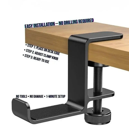 Black desk clamp headphone stand with cushioned hook and adjustable screw base