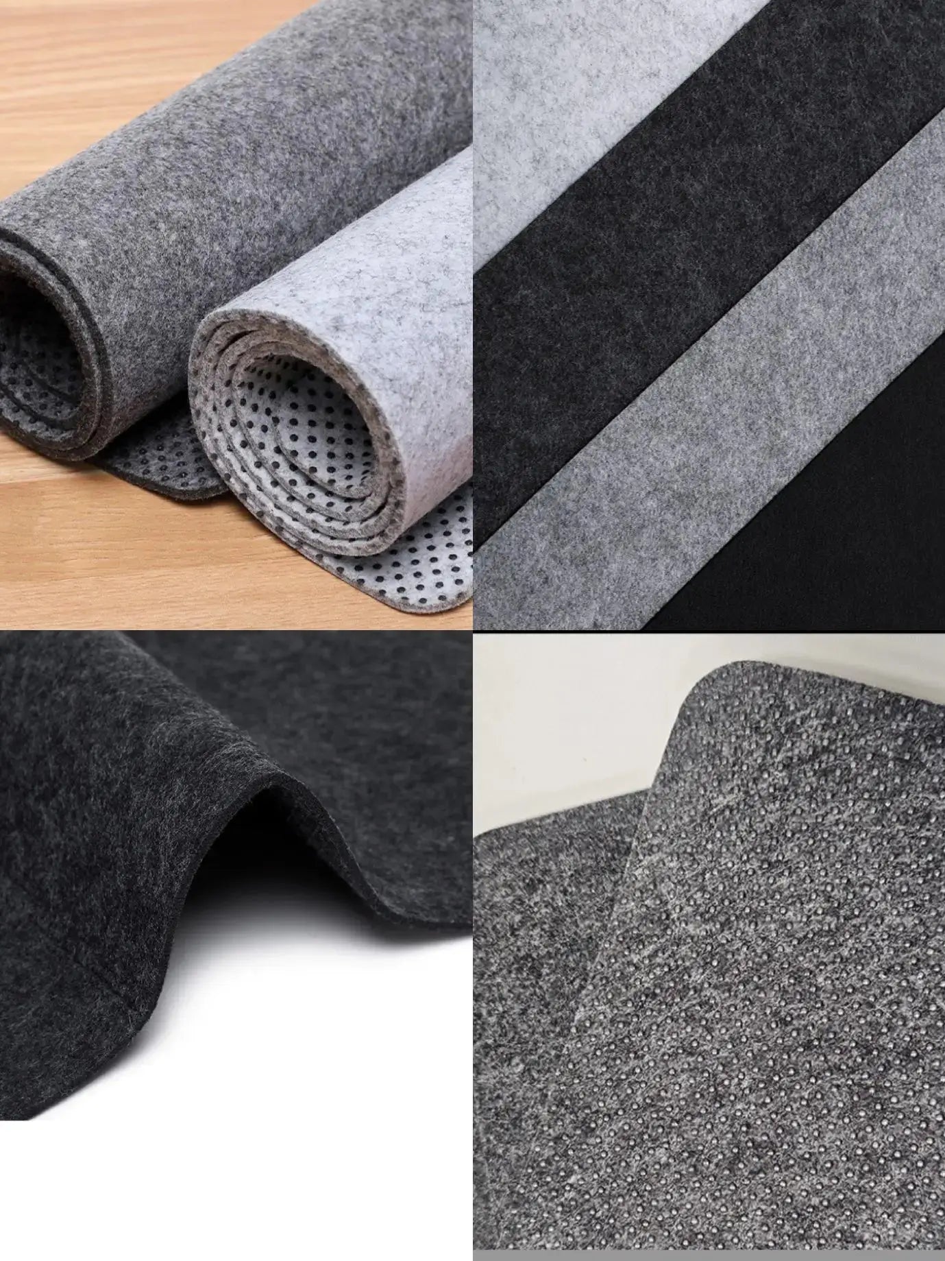Rolled gray felt desk mat sheets with speckled texture and dotted underside