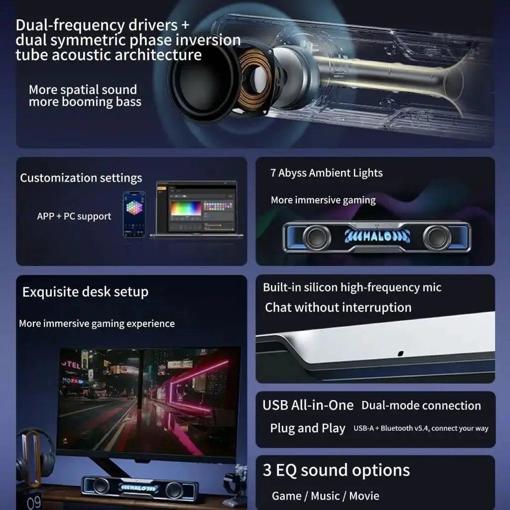 RGB soundbar showing twin circular drivers and blue accent light