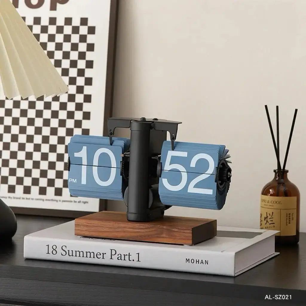 Retro flip desk clock with black body, wooden base, flip time blocks in blue