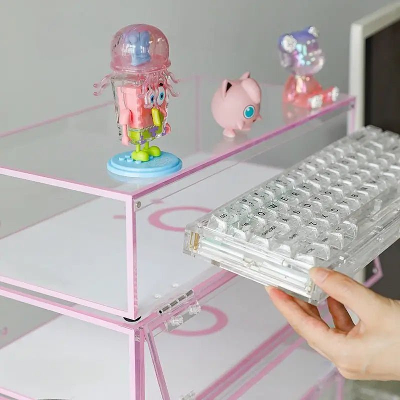 Stackable keyboard organizer stand with pink frame and clear acrylic shelves for keyboard