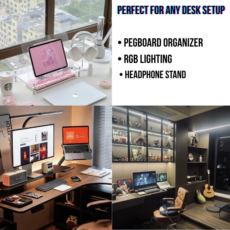 A collage displays three stylish computer desk setups with accessories like monitors, RGB lighting, and the Aluminum Gaming Headphone Stand—featuring a heavy base, ideal for any PC or gaming setup.